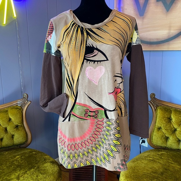 Vintage Y2K Rhinestone Pop Art Custo Barcelona Style Mini Dress Size Medium - Picture 3 of 10